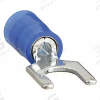 PANDUIT Fork Terminals: Blue, Nylon, #6 Stud Size, 18 AWG – 14 AWG Wire Range, Std Fork, 600 V (MPN PN14-6F-C). Key specifications — Barrel Style: Insulation Grip; Manufacturer Part Number: PN14-6F-C; Brand: PANDUIT; Series: CT.