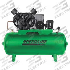 SPEEDAIRE Electric Air Compressor: 15 hp, 2 Stage, Horizontal, 120 gal, 50 cfm, 175 psi, 200V AC (MPN 35WC59). Key specifications — attr48430: SPEEDAIRE; attr48445: 60 Hz; attr48448: Pressure Gauge; attr48450: 200V AC; attr48474: Three; attr48487: Horizontal.