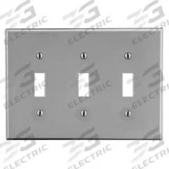 HUBBELL Wall Plate: Toggle, 3 Gang, Gray, Std Size (MPN P3GY). Key specifications — Brand: HUBBELL; Material: Polycarbonate.