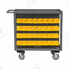 DURHAM MFG Bin Cart: 1,200 lb, 64 Bins/Tubs, 2 Shelves, Gray, 5 in L x 4 in W x 3 in H, Yellow (MPN RSC-2436-BLP-64-210-95). Key specifications — Color: Gray; Caster/Wheel Configuration: (2) Rigid; Bin Color: Yellow; Brand: DURHAM MFG.