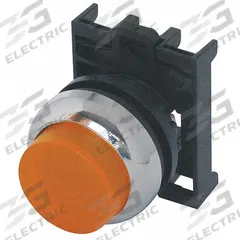 EATON Flush Push Button: Amber, 22 mm Mounting Size, Non-Metallic, Momentary (MPN M22M-DLH-A). Key specifications — Brand: EATON; Action: Momentary; Series: M22; Push Button Material Type: Non-Metallic.