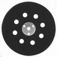 BOSCH Backing Pad: 5 in Wd, Round, Hook and Loop, Hard, 8 Vacuum Holes, Rubber (MPN RS032). Key specifications — attr667743: Disc Backup Pad; attr667724: Round; attr667738: 8; attr667733: Rubber; attr667729: 1295DH; attr667721: RS032; attr667725: BOSCH.