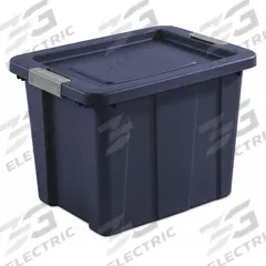 STERILITE Storage Tote: 18 gal, 23 in x 17 1/4 in x 16 5/8 in, Dark Blue Body, Dark Blue Lid, Blue (MPN 15258N06F). Key specifications — Material: Plastic; Body Color: Dark Blue; Lid Color: Dark Blue; Brand: STERILITE.