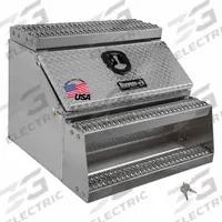 BUYERS PRODUCTS Step Boxes: Aluminum, Silver, 28 in Overall Dp, 24 in Overall Ht, 30 in Overall Wd (MPN 1705183). Key specifications — Truck Box Type: Step Truck Box; Lock Type: Keyed; Brand: BUYERS PRODUCTS; Color: Silver; Latch Type: T-Handle Compression.