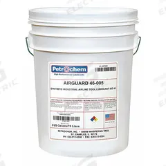 PETROCHEM Air Tool Oil: Synthetic, -55°F Min. Op Temp., 450°F Max. Op Temp., NSF H2, Pail (MPN AIRGUARD 46-005). Key specifications — attr1321222: Synthetic; attr1321226: 15W; attr1321227: 128; attr1321244: PETROCHEM; attr1321245: Pail.