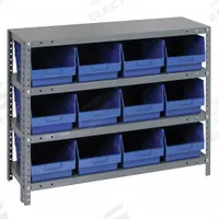 QUANTUM STORAGE SYSTEMS Bin Shelving: 36 in x 18 in x 39 in, 1 Sided, 12 Bins, Open, Shelf Bin, Blue (MPN 1839-SB808BL). Key specifications — Includes Bins: Yes; Bin Material: Polypropylene; Frame Color: Gray; Bin HxWxD: (12) 8 in x 8-3/8 in x 17-7⁄8 in; Frame Material: Steel; Bin Color: Blue; Bin Style: Shelf; Brand: QUANTUM STORAGE SYSTEMS.