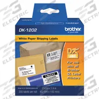 BROTHER Printer Label: 3 15/16 in Label Wd, 2 7/16 in Label Ht, White, 1 in Core Dia. (MPN DK1202). Key specifications — Brand: BROTHER; Label Color: White.