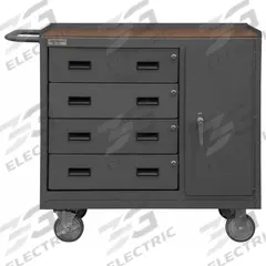 DURHAM MFG Mobile Cabinet Workbench: 36 in x 18 in, Hardboard, 1,200 lb Overall Load Capacity, Gray (MPN 2211A-TH-LU-95). Key specifications — Included Components: Handle on Side; Assembly: Fully Assembled; Brand: DURHAM MFG.
