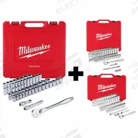 MILWAUKEE Ratchet/Socket Set: 1/4 in, 3/8 in, 1/2 in Drive, 153 Piece, 6-Point, Metric/SAE (MPN 48-22-9010, 48-22-9008, 48-22-9004). Key specifications — attr1224269: 1/4 in, 3/8 in, 1/2 in; attr1204638: Drive Tools Included; attr1204650: 1/2 in to 1-1/8 in, 10 mm to 24 mm; attr1204658: 11-1/4 in Pear Head Ratchet; attr1204673: Socket Bits Not Included; attr1204681: Wrenches Not Included; attr1204688: MILWAUKEE; attr1206170: Standard Sockets.