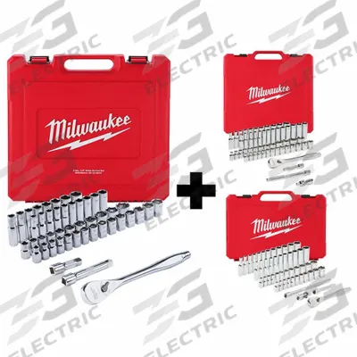 MILWAUKEE Ratchet/Socket Set: 1/4 in, 3/8 in, 1/2 in Drive, 153 Piece, 6-Point - SAE & Metric Socket Sets with Drive Tools