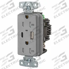 USB Receptacle: Duplex, 5-20R, 2 USB Ports, USB Type A/C, Gray, 125V AC, 20 A (MPN USB20ACPDGY). Key specifications — Brand: HUBBELL.