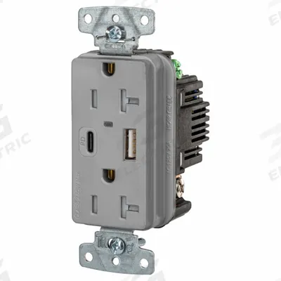 HUBBELL Receptacle: Duplex, 5-20R, 2 USB Ports, USB Type A/C, Gray, 125V AC - Weather-Resistant Receptacles with USB Chargers