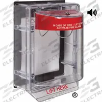 SAFETY TECHNOLOGY INTERNATIONAL Universal Stopper Cover: Wall Mount, Surface Mount Mounting, Clear (MPN STI-1155). Key specifications — Legend: IN CASE OF FIRE - LIFT COVER ACTIVATE FIRE ALARM; Color: Clear; Brand: SAFETY TECHNOLOGY INTERNATIONAL; Mounting Style: Surface Mount; Mounting Location: Wall Mount; Product Type: Pull Station Guard.