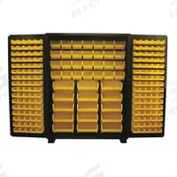 JAMCO Bin Cabinet: 60 in x 24 in 78 in, 0 Shelves, 199 Bins, Yellow, Flush, 14 ga Panel, Black, Bins (MPN DF260BL). Key specifications — Bin Color: Yellow; Bin HxWxD: (28) 7 in x 8-1/4 in x 11 in; Assembled: Assembled; Cabinet Style: Shelf and Bin; Brand: JAMCO; Cabinet Color: Black; Cabinet Finish: Powder Coated; Cabinet Material: Steel.