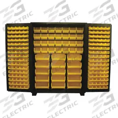 JAMCO Bin Cabinet: 60 in x 24 in 78 in, 0 Shelves, 199 Bins, Yellow, Flush, 14 ga Panel, Black, Bins (MPN DF260BL). Key specifications — Bin Color: Yellow; Bin HxWxD: (28) 7 in x 8-1/4 in x 11 in; Assembled: Assembled; Cabinet Style: Shelf and Bin; Brand: JAMCO; Cabinet Color: Black; Cabinet Finish: Powder Coated; Cabinet Material: Steel.