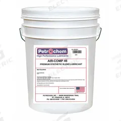 PETROCHEM Compressor Oil: 5 gal, Pail, 15 SAE Grade, 46 ISO Viscosity Grade, 97 Viscosity Index (MPN AIR-COMP 46-005). Key specifications — attr59744: 97; attr59746: 46; attr59736: No; attr59735: Pail; attr59738: Air-Comp Series; attr59749: 15.