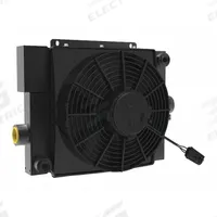 AKG Forced Air Oil Cooler: 16 hp Heat Removed, 50 gpm Max. Flow, 377 psi Max. Pressure, 12V DC (MPN D16-12-BP25). Key specifications — attr96059: SAE #16; attr96056: IP 68; attr96057: 12V DC; attr98919: AKG.