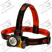 Safety-Rated Headlamp: 120 lm, 3.5 hr Run Time at Max. Brightness, 60 m Max Beam, 3 Light Outputs (MPN 61052). Key specifications — Brand: STREAMLIGHT; Battery Requirements - Broad: 3 AAA.