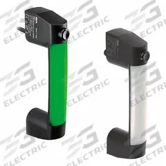 ELESA Handle with Monostable Switch: 1NO/1NC, Cable Connector With Wire Leads, 113 mm Grip Lg, Black (MPN 260811-C1). Key specifications — IP Rating: IP67; IP69K; UL94 Rating: V0; Handle Color: Black; Electrical Connection: Cable Connector With Wire Leads; Auxiliary Contact Configuration: 1NO/1NC; Handle Material: Glass-Fiber Reinforced Polyamide; LED Strip Colors: Green.