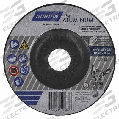 NORTON Depressed Center Wheel: Type 27, 4 1/2" x 1/8" x 7/8", Aluminum Oxide - General Purpose Combination Wheels for Soft Metals