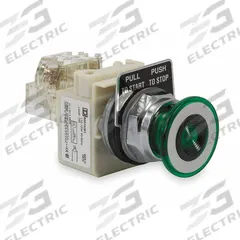 SCHNEIDER Mushroom Head Push Button: Illuminated, Mushroom Head Profile, Non-Metallic, 30 mm, SPDT (MPN 9001KR9P1GH13). Key specifications — Brand: SCHNEIDER; Action: Maintained; Series: 9001K; Push Button Material Type: Non-Metallic.