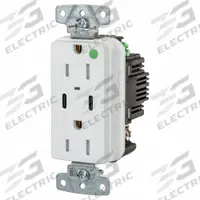 USB Receptacle: Duplex, 5-15R, 2 USB Ports, USB Type A/C, White, 125V AC, 15 A (MPN USB8200CPDW). Key specifications — Brand: HUBBELL.