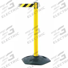 TENSABARRIER Barrier Post with Belt: Black/Yellow, Chevron, No Legend, 13 ft Belt Lg, Yellow (MPN 886-35-MAX-NO-D4X-C). Key specifications — Base Material: Rubber; Belt Color: Black/Yellow; Brand: TENSABARRIER; Post Material: Plastic; Post Color: Yellow; Message: No Legend.