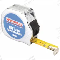 WESTWARD Tape Measure: Nonmagnetic Single Hook Tip, 16 ft / 5 m, Chromed Plastic, Silver (MPN 1MKR8). Key specifications — attr935324: WESTWARD; attr942259: Silver; attr935328: 1mm Bottom; attr935329: Millimeters; attr935337: Metric/SAE; attr936607: Manual Lock; attr985315: 5 m or less; attr972446: Inch/Metric.