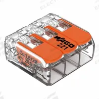 WAGO Lever Wire Connector: 3 Port, 24 AWG – 12 AWG Solid Wire Size Range, 20 A, 600 V, 221 Series (MPN 221-413/K194-4045/000-100). Key specifications — attr1307071: WAGO; attr1307104: Lever; attr1351713: 221.