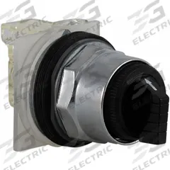 SCHNEIDER Selector Switch: 30 mm Panel Mounting Size, 3 Positions, Short Lever, SPDT, Metallic (MPN 9001KS43BH1). Key specifications — AC Contact Rating: 6 A @ 120 V; Action: Maintained/Maintained/Maintained; Cam: C; DC Contact Rating: 0.1 A @ 600 V; Hazardous Location Specification: Not Rated; Operator Head Material: Polycarbonate; Operator Head Type: Short-Handled Knob; Operator Illumination: Non-Illuminated.