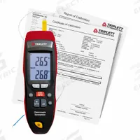 TRIPLETT Thermometer: -418°F (Type K) to 2,501°F (Type K), 1 Channels (MPN TMP70-NIST). Key specifications — Testing Functions: Min/Max Temperature; Accuracy: ±1 % of Reading + 1 °C Below -146.2 °F/-99.9 °C; Brand: TRIPLETT.