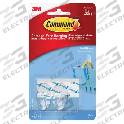 COMMAND Hook: 4 lb Wt Capacity, 1 Points per Hook, Clear, 2 in Overall Ht, 1 in Overall Wd - Adhesive-Backed Utility Hooks