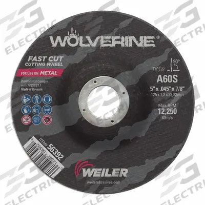 WEILER Abrasive Cutoff Wheel: Type 27, 5" x 0.045" x 7/8", Aluminum Oxide, 60 Grit - General Purpose Cut-Off Wheels for Carbon & Stainless Steel