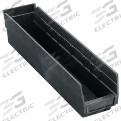 QUANTUM STORAGE SYSTEMS Shelf Bin: 17 7/8 in Overall Lg, 4 1/8 in x 4 in, Black, Nesting Capable (MPN QSB103CO). Key specifications — attr1179622: QUANTUM STORAGE SYSTEMS; attr1179611: 0%; attr1179616: QSB103CO; attr1179624: Dividers Not Included; attr1249172: Electrostatic Discharge Conductive.