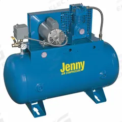 JENNY Fire Sprinkler Air Compressor: 0.5 hp, 1 Stage, Horizontal, 30 gal, 3.8 cfm, 40 psi (MPN F12S-30UMS-115/1). Key specifications — attr48430: JENNY; attr48445: 60 Hz; attr48448: Pressure Safety Valve; attr48450: 240V AC; attr48474: Single; attr48487: Horizontal.