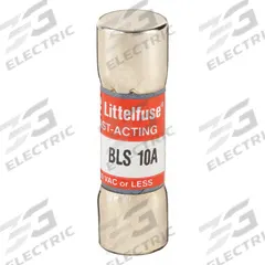 LITTELFUSE Fuse: BLS Series, Midget, Fast-Acting, 10 A, 250 V AC, 13/32 in x 1 3/8 in (MPN BLS010). Key specifications — attr1287209: BLS; attr211192: LITTELFUSE.