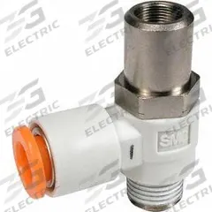 SMC Flow Control Valve: Elbow Fitting, Screwdriver Slot, 1/4 in/1/8 in Valve Body Size, 1/4 in Tube (MPN AS2211F-N02-07SD). Key specifications — attr947203: Brass/PBT; attr947205: SMC.
