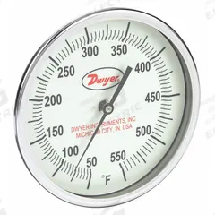 DWYER Glow-in-the-Dark Dial Thermometer: 50°F to 550°F, +/- 1% Accuracy, 5 in Dial Dia, Male (MPN GBTB54071). Key specifications — Accuracy: +/- 1%; Brand: DWYER.
