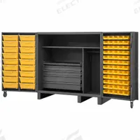 DURHAM MFG Bin Cabinet: 60 in x 36 in 78 in, 2 Shelves, 78 Bins, Yellow, 4 Drawers, Flush, Gray (MPN HDC60-72DC18TB5B95). Key specifications — attr64273: Yellow; attr64268: (12) 6 in x 11 in x 5 in; attr64260: Assembled; attr63933: DURHAM MFG; attr64274: Gray; attr64276: Powder Coated; attr146303: Steel; attr143811: Bins.