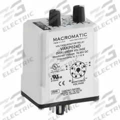 MACROMATIC Voltage Sensing Relay: Socket Mounted, 8 Pins/Terminals, 10 A, 24V DC, Pin (MPN VAKP024D). Key specifications — Drop-Out Range: 75% to 95%; Monitored Parameters: Undervoltage; Brand: MACROMATIC.