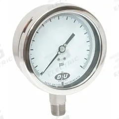 DURO Industrial Pressure Gauge: 0 psi to 600 psi, White, 4 1/2 in Dial, 1/2 in NPT Male, Bottom, 20 (MPN 4207-1133-CERT). Key specifications — Brand: DURO; Pointer Color: Black; Accuracy: ±0.5%; Dial Color: White; Gauge Wetted Parts: Stainless Steel; Case Material: Stainless Steel; Vibration Resistance Properties: None; Pressure Range: 0 psi to 600 psi.