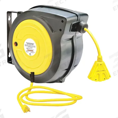APPROVED VENDOR Extension Cord Reel: Ratchet Lock, 50 ft Cord Lg, 14 AWG, SJTOW, 5-15R Cord Lg - Self-Retracting Cord Reels