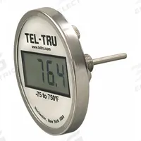 TEL-TRU Digital Thermometer: 4 in Stem Lg, -75°F to 750°F, ±0.5°F/0.3°C, 1/2 in Thread Size, NPT (MPN ND5BB09111-P22046). Key specifications — Thread Type: NPT; Brand: TEL-TRU; Accuracy: ±0.5 °F/0.3 °C.