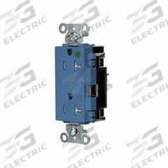 HUBBELL Receptacle: Hospital Grade, Decorator Duplex, 5-20R, Blue, 125V AC, 20 A, 2 Pole / 3 Wire (MPN HBL2182STBLTR)
