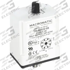 MACROMATIC Single Function Time Delay Relay: Socket Mounted, 120V AC/DC, 10 A, 8 Pins/Terminals (MPN TR-50522-05). Key specifications — Brand: MACROMATIC.