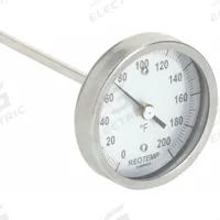 REOTEMP Compost Dial Thermometer: 0°F to 200°F, +/- 1% Accuracy, 36 in Stem Lg, Fahrenheit (MPN A36P 0-200 F). Key specifications — Accuracy: +/- 1%; Thread Type: NPT; Housing Material: Stainless Steel; Brand: REOTEMP; Temperature Units: Fahrenheit.