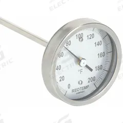 REOTEMP Compost Dial Thermometer: 0°F to 200°F, +/- 1% Accuracy, 36 in Stem Lg, Fahrenheit (MPN A36P 0-200 F). Key specifications — Accuracy: +/- 1%; Thread Type: NPT; Housing Material: Stainless Steel; Brand: REOTEMP; Temperature Units: Fahrenheit.