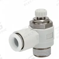 SMC Speed Control Valve: Elbow Fitting, Screw, 1/4 in/1/8 in Valve Body Size, 1/4 in Tube, Meter In (MPN AS2211FG-N01-07S). Key specifications — attr947203: Stainless Steel; attr947205: SMC.