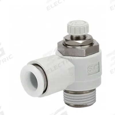 SMC Speed Control Valve: Elbow Fitting, Screw, 1/4 in/1/8 in Valve Body Size - Elbow-Style Speed Control Valves