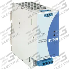 EATON DC Power Supply: DIN Rail, 120 W Output Power - Rated, 5 A Current - Output, Three Phase (MPN PSG120F24RM). Key specifications — attr1044898: Three; attr1044874: Aluminum; attr1044879: 400 to 500V AC; attr211400: EATON.